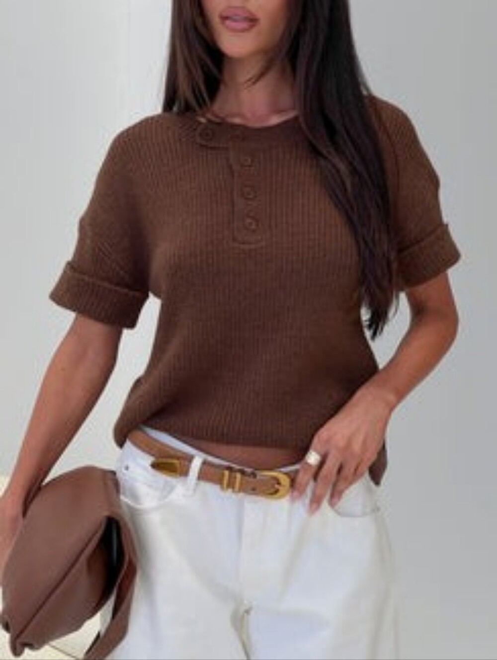 Princes Polly Brown Short Sleeve Knit Henley Top SZ XS/S